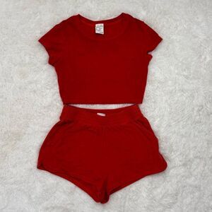 Offline by Aerie Red Terry Cloth Crop Top and Shorts Set Size S/P